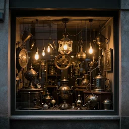 steampunk shop window by guido borelli da caluso, darkness, neon lights, photo realistic, completely filled with interesting oddities, things hanging from ceiling, light bulbs