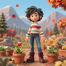 a stopmotion animation character, a beautiful canadian woman, gardening, very attractive, spiky dark grey hair, striped sweater, tight denim jeans, maroon doc marten boots, canadian maple leaves blowing about, mountains, autumn, unreal engine 5, 8 k, kubo and the two strings, disney, pixar,