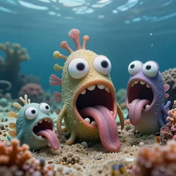 of a cloudy deep sea under water with strange cute friendly happy creatures with huge eyes, mouth, long tongue and round teeth appearing from sandy coral, in the style of gehry and gaudi, macro lens, shallow depth of field, highly detailed, digital painting, trending artstation, concept art, illustration, cinematic lighting, vibrant colors, photorealism, epic, octane render