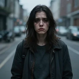 hyper realistic, high detail photo of ugly person standing on street, beautiful, dreary lighting