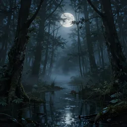 beautiful matte painting of dark swamp in forest, fog, night, moonlight, fantasy