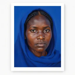by emily kame kngwarreye cerulean. a print of a head & shoulders view of a woman with dark skin. the woman's hair is styled in braids, & she is wearing a headscarf. she has large, dark eyes, & her expression is solemn.