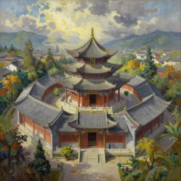 aereal view of traditional chinese temple in yunnan, thomas kinkade, realism, fantasy painting, oil on canvas