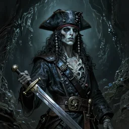 photo of a ghostly pirate, head and torso, standing in a grotto, holding a sword, intricate, elegant, highly detailed, lovecraft, digital painting, artstation, concept art, smooth, sharp focus uhd 8 k, dark, atmospheric by richard corbin