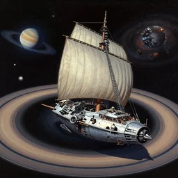 a sail powered pirate spaceship sailing through an asteroid belt around in saturns rings saturn can be seen in the background, in the style of hudson river school, trending on art station, colorful, space
