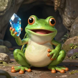 happy miner frog holding blue crystal in a cave