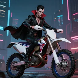 vampire riding dirt bike, cyberpunk city background, beautiful, detailed portrait, cell shaded, 4 k, concept art, by wlop, ilya kuvshinov, artgerm, krenz cushart, greg rutkowski, pixiv. cinematic dramatic atmosphere, sharp focus, volumetric lighting, cinematic lighting, studio quality