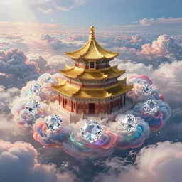 the cloud, the architecture of the ancient chinese heavenly palace, diamond rose, clouds an d mist, wide angle, colourful auspicious clouds, refracted light, bright, tintal light, quiet, lighting effect, 4 k, super wide an gle, art station, 8 k, the gilded palace, shi ning diamonds, infinity, beautiful pear i, by makoto shinkai and alexander jansson
