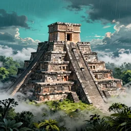 beautiful and hyperrealistic Mesoamerican ruins in a rainforest above the clouds, teal evening sky, Visual Novel key visual, award-winning digital art on Pixiv, trending on Artstation