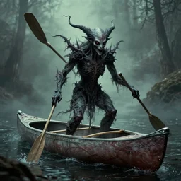 a horrible eldritch being made of canoes and canoe paddles, eerie photo, 1 9 8 0 s nostalgic camp photo