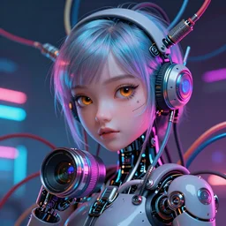 Cute cyborg girl , surrounded by cables , illustrated by Greg Rutkowski and H.R. Giger, 35mm lens, beautiful macro close-up imagery, vibrantly lush neon lighting, beautiful volumetric-lighting-style atmosphere, a futuristic atmosphere, intricate, ultra detailed, photorealistic imagery, trending on artstation, 4k, 8k