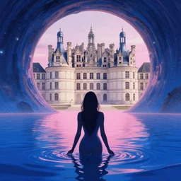 silhouette of a sexy woman emerging from pink and royal blue water in cyberpunk theme looking at an opening interstellar portal to renaissance italy, the portal opens to chateau de chambord, intricate, elegant,, by greg rutkowski, claude monet, conrad roset, takato yomamoto, james jean, rule of thirds, seductive look, beautiful
