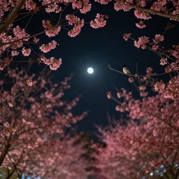 looking up at birds and trees with pink leaves, black night sky, stars, portra 4 0 0, bokeh, out of focus, moon lighting