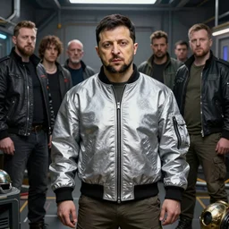 character portrait, zelensky, wearing oversized silver and black bomber jacket, ultra realistic, wide angle, cyberpunk artifacts, highly detailed by peter mohrbacher, hajime sorayama, wayne barlowe, boris vallejo, aaron horkey, gaston bussiere, craig mullins
