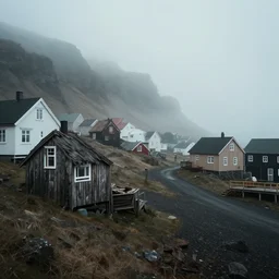 icelandic fishing village with rustic architecture. cyberpunk style. apocalyptic style. photo. photorealistic. nebulous. fog.