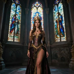 kaitlyn michelle siragusa, better known as amouranth, posing in a mysterious temple. ancient stainedglass windows. beautiful.