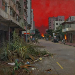 rundown streets of hong kong and overgrown with dead plants, debris on the floor, abandoned, sky is red, distant fires can be seen, by peter elson, oil on canvas