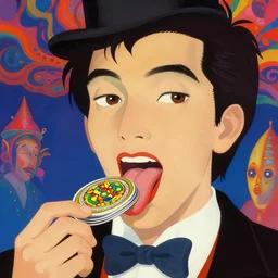 a colorful vibrant closeup portrait of a magician licking a tab of lsd acid on his tongue and dreaming psychedelic hallucinations, by kawase hasui, moebius, edward hopper and james gilleard, zdzislaw beksinski, steven outram colorful flat surreal design, hd, 8 k, artstation by magali villeneuve and william bouguereau, 4 k