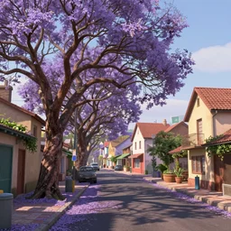 quaint jacaranda tree village, pixar, 8 k, hd, dof, kodak film, volumetric lighting, subsurface scattering, photorealistic, octane render