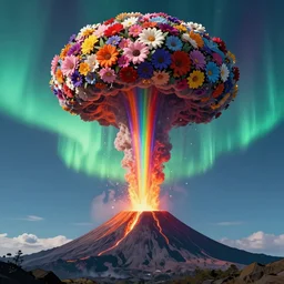 volcano erupting thick upward rainbow blast with a nuclear mushroom cloud made of flowers at the top, aurora borealis, single point perspective, digital art