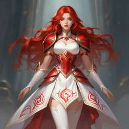 a girl with red hair wearing red and white armor dress, white dress, arcane artwork, league of legends concept art, wallpaper