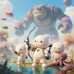 scifi scene, landscape, cute monsters, hold mechanical bow and arrow, wearing brand of off white style, three kids catching colorful fishes + sepia + octopus, a huge monster boss in the sky, with depth of field, octane render, neon hand sports bracelet, standing on the water ground, with splatoon + ratchet & clank : rift apart style, group photo, smoke war, comic paint, anorld render, unreal engine render, vfx, octane render, highly quality, artstation, 4 k,
