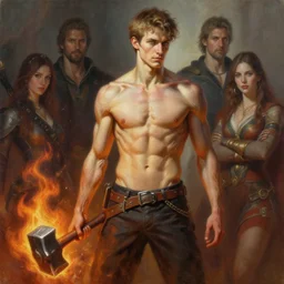 stunning smith man portrait, thin, muscular, fire, hammer, fantasy, intricate, elegant, highly detailed, oil painting, artstation, concept art, smooth, sharp focus, illustration, art by afshar petros and krenz cushart and artem demura and alex alice and tony sandoval