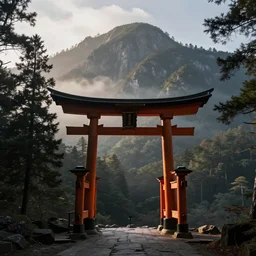 Japanese Torii in a moutain with trees ,morning , by Grzegorz Rutkowski, concept art