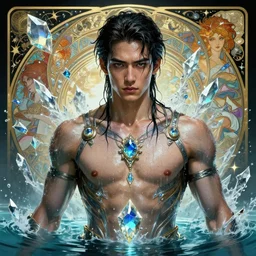 portrait of a young handsome cyberpunk man wearing an armor, drenched body, wet dripping hair, emerging from the water, fantasy, regal, fractal crystal, fractal gems, by stanley artgerm lau, greg rutkowski, thomas kindkade, alphonse mucha, loish, norman rockwell.