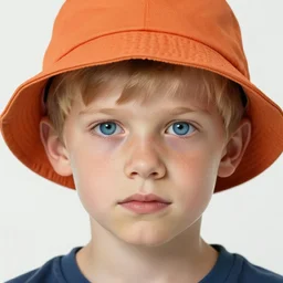 a detailed portrait of a boy with blue eyes and blonde hear wearing an orange bucket hat, art illustration, incredibly highly detailed and realistic, 8 k, sharp focus