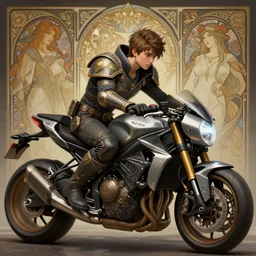 teenager with cyberpunk motorcycle, deep focus, d & d, fantasy, intricate, elegant, highly detailed, digital painting, artstation, concept art, matte, sharp focus, illustration, hearthstone, art by artgerm and greg rutkowski and alphonse mucha