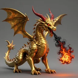 a golden dragon with blood red horns breathing black fire, concept art by jason a. engle, featured on zbrush central, photorealism, zbrush, lovecraftian, hard surface modeling