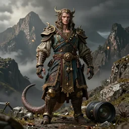 ultrawide lens, costume design made by complexity, sophisticated composition, old masters light composition, procedurally generated, drama creature character posing for concept art, dramatic mountains behind, substance designer, PBR, HD, Ultra detailed, hyperrealistic, megascans, volumetric light, concept by master artist, made in paint tool SAI2, trending pixiv aesthetic face