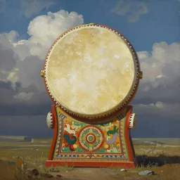 a beautiful painting of a highly decorated shamanic drum on the ground at the bottom, with a beautiful cloudy sky at the top, fantasy art, matte painting