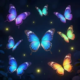 vibrant bioluminescent colorful butterflies and fireflies, digital arts, matte finish, trending on artstation, enchanting vibes