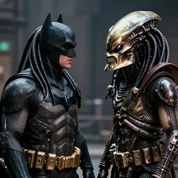 film still of Batman talking with a Predator in the movie Alien(1990).
