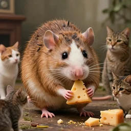 9, photo, emma watson as anthropomorphic furry - rat, 2 8 6 5 5, she is a real huge fat rat with rat body, cats! are around, eating cheese, highly detailed, intricate details