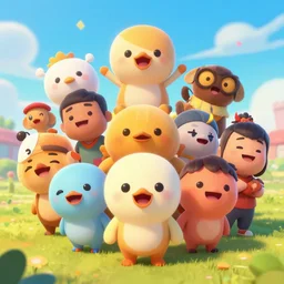 Happy cute characters, Moebius, Kim Jung Gi, Greg Rutkowski, Zabrocki, Karlkka, Jayison Devadas, Phuoc Quan, trending on Artstation, 8K, ultra wide angle, pincushion lens effect