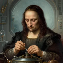 portrait of a man building a machine in a science fiction futuristic environment, by ( leonardo da vinci ), sharp focus, intense emotion, illustration, centered, intricate, artstation, detailed facial expression, elegant, highly detailed, digital painting, concept art, wlop, smooth, detailed surroundings
