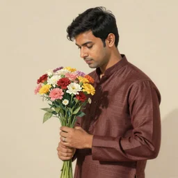 indian guy holding flowers, looking nostalgic, in love, in a dapper kurta, artwork by Cheng, Hsiao-Ron
