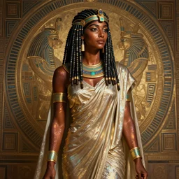 beautiful queen of the nile, glowing brown iridescent skin, beaded dreadlocks, wrapped in long and flowy drapery, egyptian background, detailed and intricate digital illustration by artgerm wlop rutkowski bagshaw