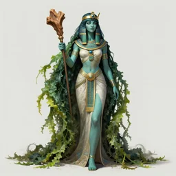 beautiful sorceress female with teal colored skin, full body shot, long hair made of kelp, egyptian clothing, with a wooden stuff, d & d, fantasy, hunterintricate, elegant, highly detailed, digital painting, artstation, concept art, matte, sharp focus, illustration, hearthstone, art by artgerm and greg rutkowski and alphonse mucha