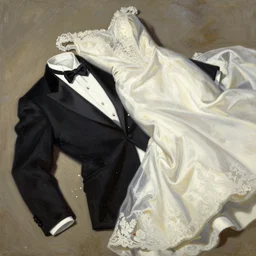 a messy painting of a tuxedo close - up, wedding dress laid on top, in the style of virgil finlay, artstation