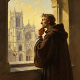 oil painting of a medieval dominican monk in robes, looking out of a monastery window contemplatively, a majestic cathedral in the background, digital art, artstation, cinematic, golden hour, digital art painting by greg rutkowski