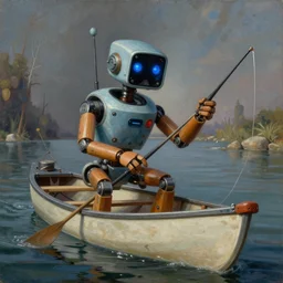 silly goofy retro cyberpunk robot, fishing in a small canoe, highly detailed, michael cheval, peter mohrbacher, boris vallejo, jessica rossier, oil painting, highly detailed, cinematic lighting