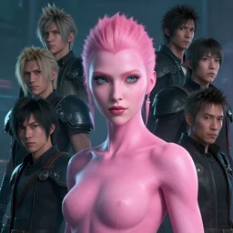 a fancy portrait of an attractive alian women with pink skin by Greg Rutkowski, Sung Choi, Mitchell Mohrhauser, Maciej Kuciara, Johnson Ting, Maxim Verehin, Peter Konig, final fantasy , 8k photorealistic, cinematic lighting, HD, high details, atmospheric , trending on artstation