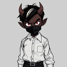 a demon boss, short, bowlegged, dark skin, crosseyed, short black hair with a streak of white, black pants, white dress shirt, black covid mask