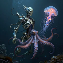 underwater photography of a biopunk human skeleton in symbiosis with an octopus and a jellyfish, intricate and ornate alien technology, bioluminescence, bloom, dim rim lighting, by victor grasso and scott musgrove, and h. r. giger and tooth wu, digital illustration, concept art, cg society