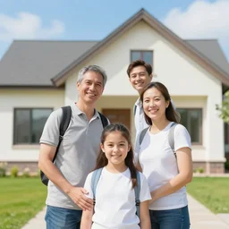 happy family near new house. real estate. perfect faces.