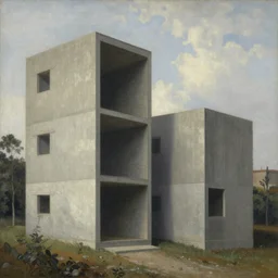 classical landscape paintings of brutalist concrete structures